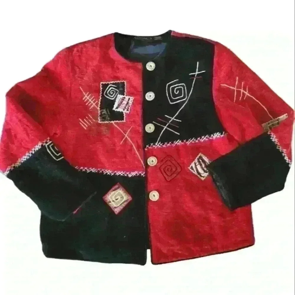 Alex Kim Vintage Rayon Lined Carved Button Colorblock Embroidered Patch Jacket. - Picture 1 of 6